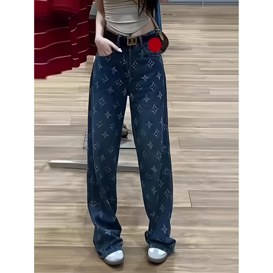 2025年夏季新款提花直筒牛仔裤女设计感休闲宽松显瘦阔腿裤拖地裤