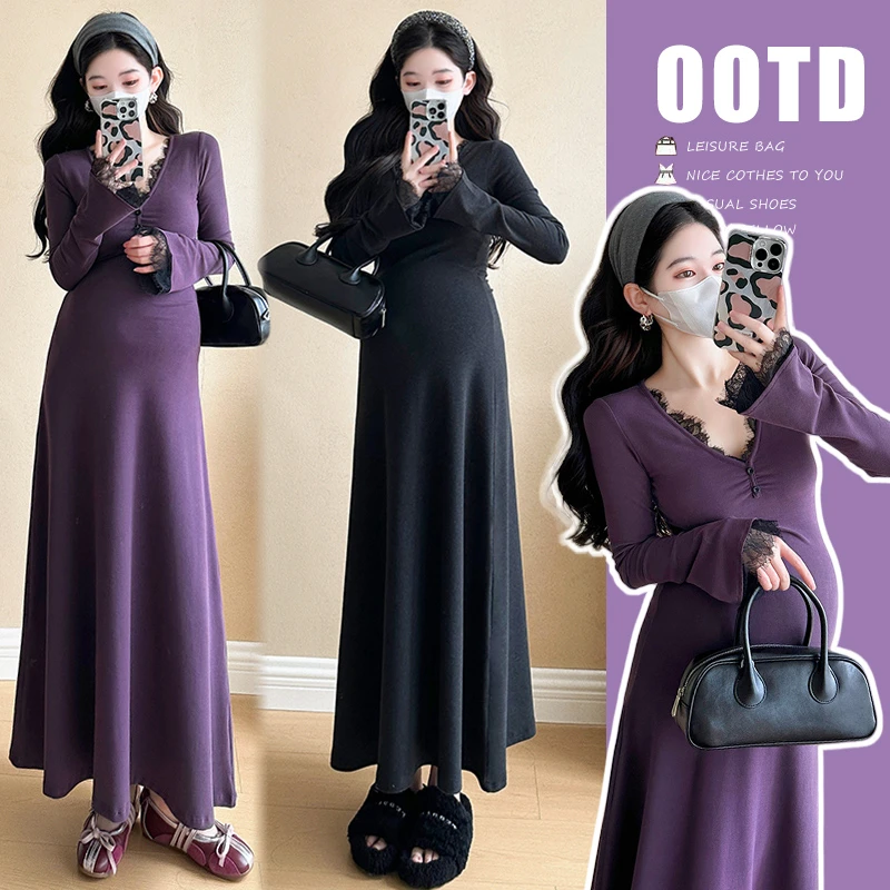 孕妇连衣裙秋冬新款时尚韩版气质高级感辣妈显瘦针织蕾丝v领裙子1