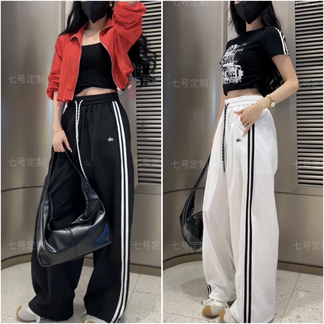 5599经典条纹冰丝速干运动裤女美式宽松抽绳束脚轻薄透气防晒夏裤