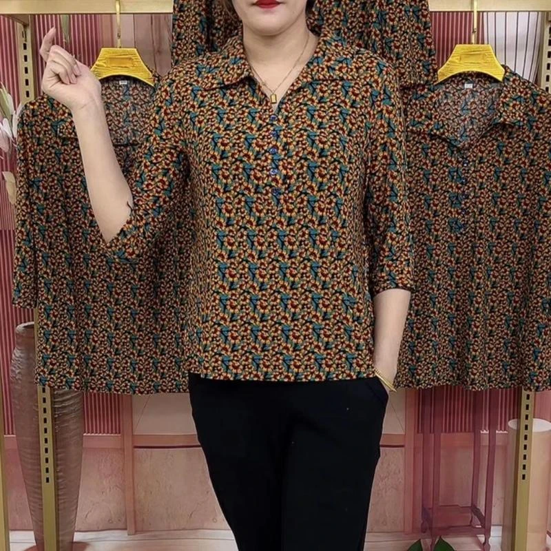 网红爆款春秋季妈妈装套头七分袖衬衫春装遮肚子v领上衣夏季老年