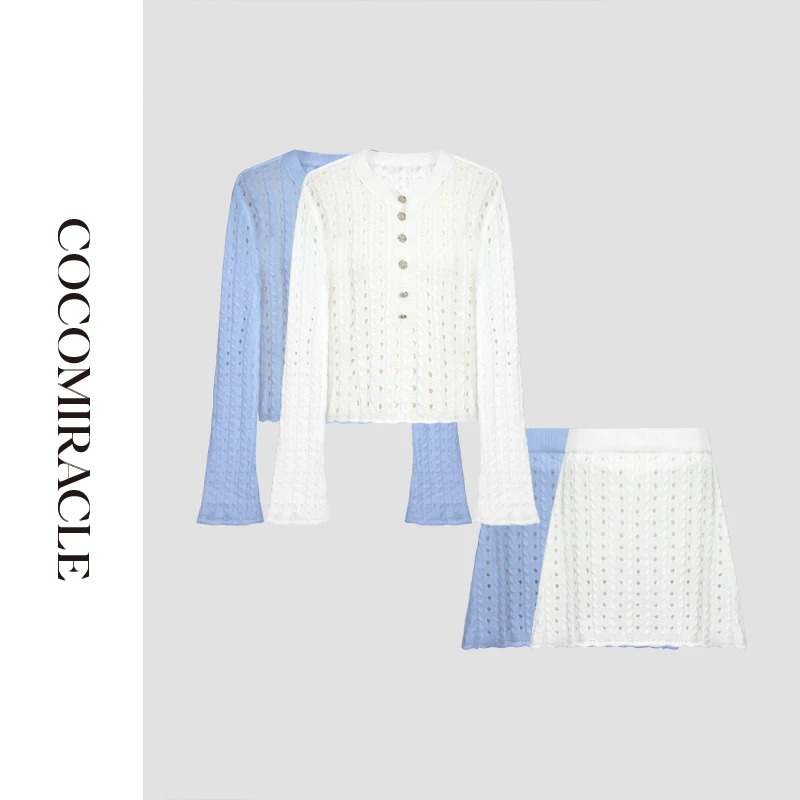董小姐【茉莉奶白】新款镂空针织长袖上衣+短半裙套装W56TZ201