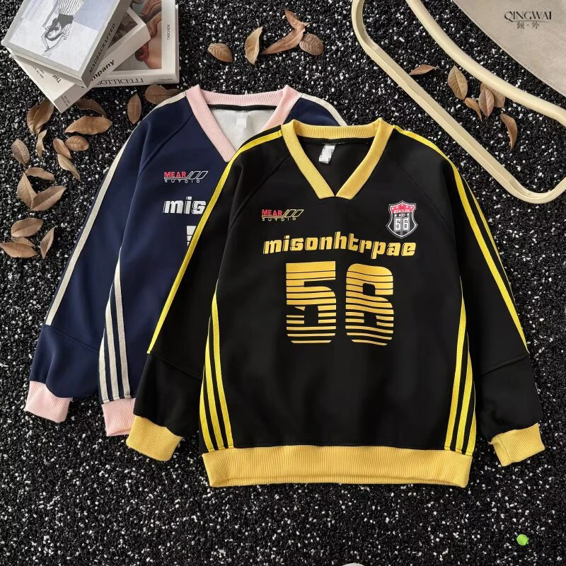 新款百搭美式长袖V领卫衣男女秋冬季时尚潮流印花宽松休闲外套ins