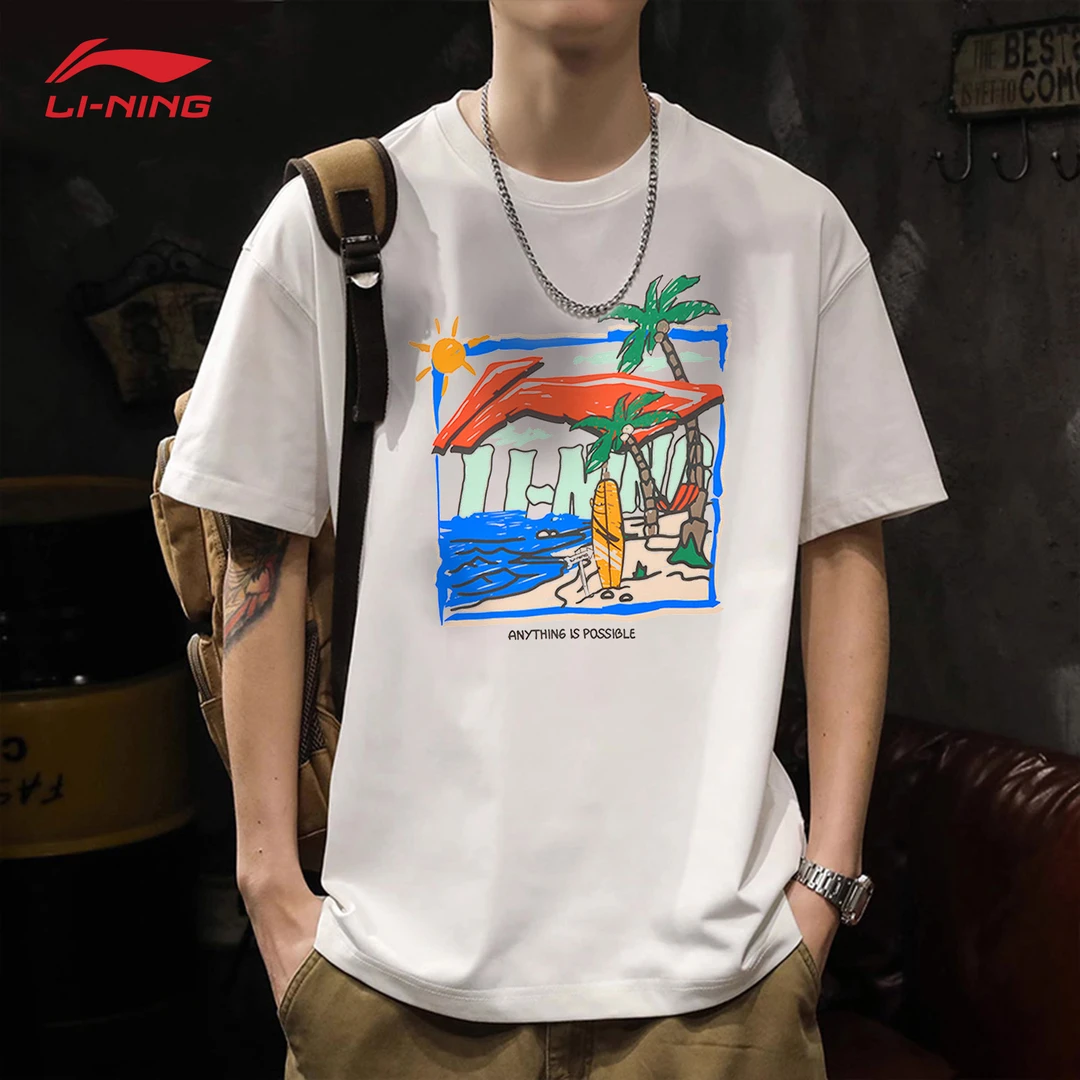 李宁短袖男款夏季2025新款官方正品棉质透气印花潮流圆领休闲T恤