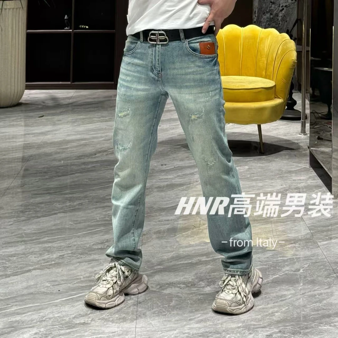 拼皮设计重水洗磨破做旧工艺阔腿高端男士牛仔裤6153