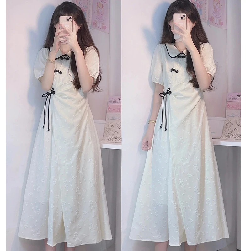 新中式国风盘扣连衣裙女气质甜美温柔风收腰显瘦夏季新款裙子1488