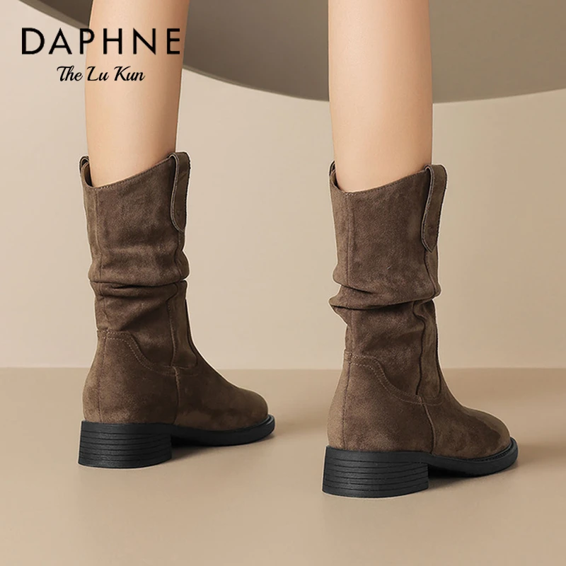 达芙妮粗跟堆堆靴子女2025秋季新款美拉德西部牛仔短靴中筒马丁靴