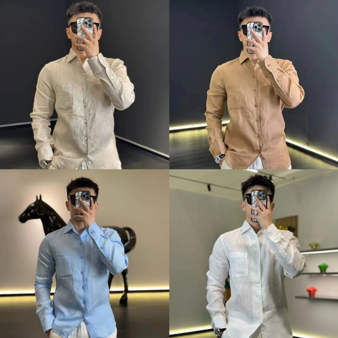 古帝特尼出品男士长袖老钱小兜修身不扎肉亚麻温莎领衬衫DC-11005