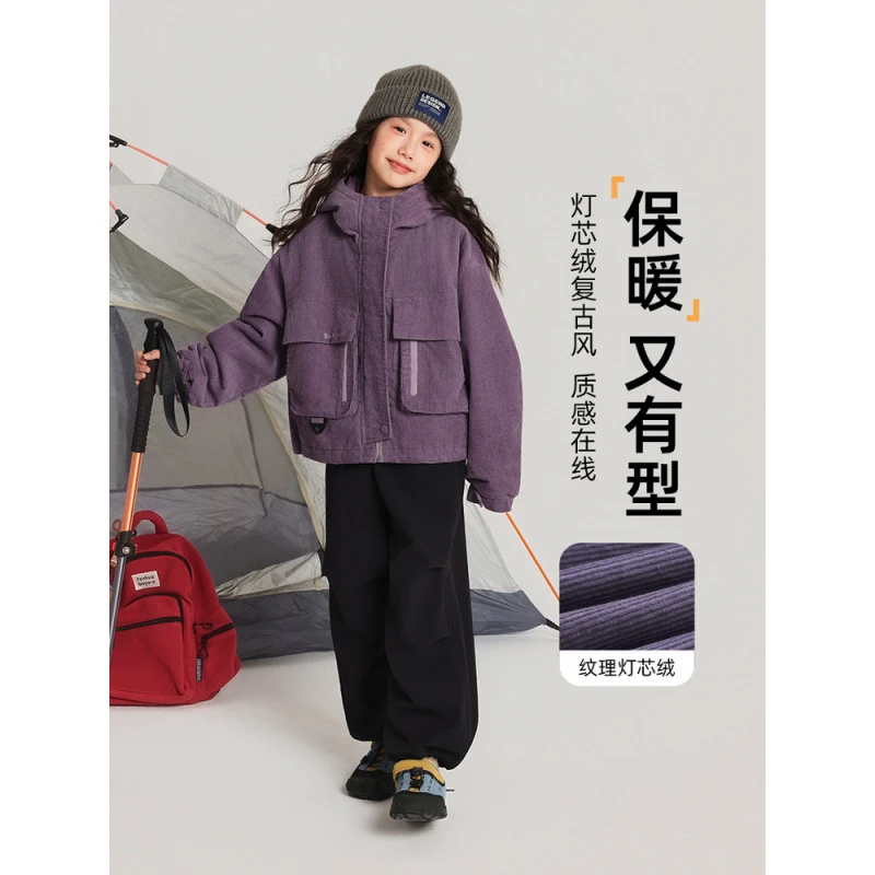 儿童短款连帽防风外套2025冬装新款灯芯绒复古风女童棉服休闲保暖