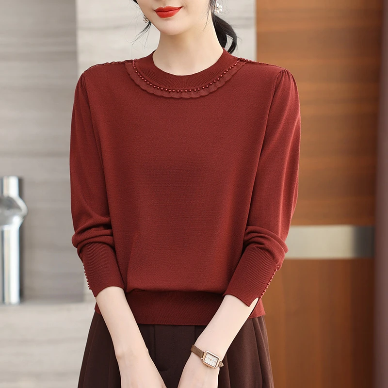 圆领毛衫春装女款2025年新款红色针织衫洋气妈妈装长袖打底衫春秋