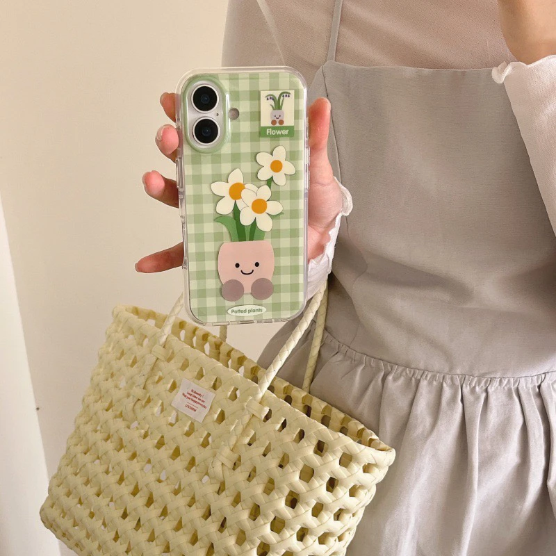 夏日绿格纹可爱盆栽花朵适用iphone16Promax苹果15手机壳14双层13
