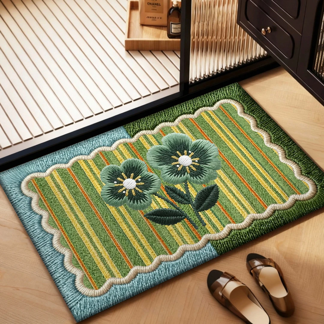 浴室吸水垫亚麻编织地垫印花速干脚垫卫生间厕所防滑垫子花卉轻奢