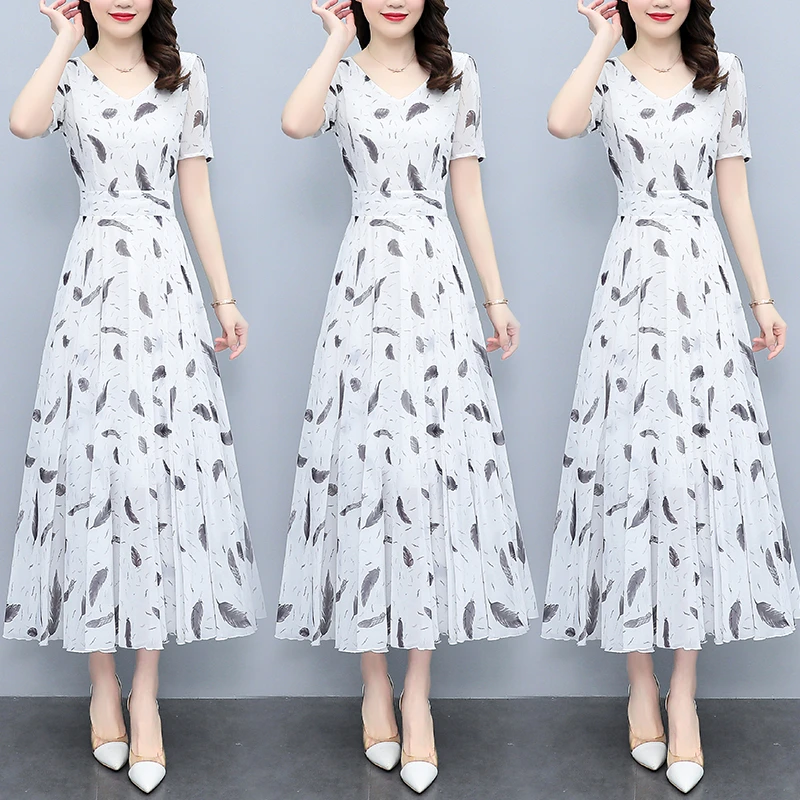 CD#7118 夏季新款白色雪纺碎花连衣裙大码女装收腰显瘦遮肚子长裙