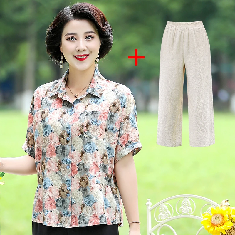 t恤衫夏季新款高贵洋气中老年人女装凉爽透气雪纺小衫