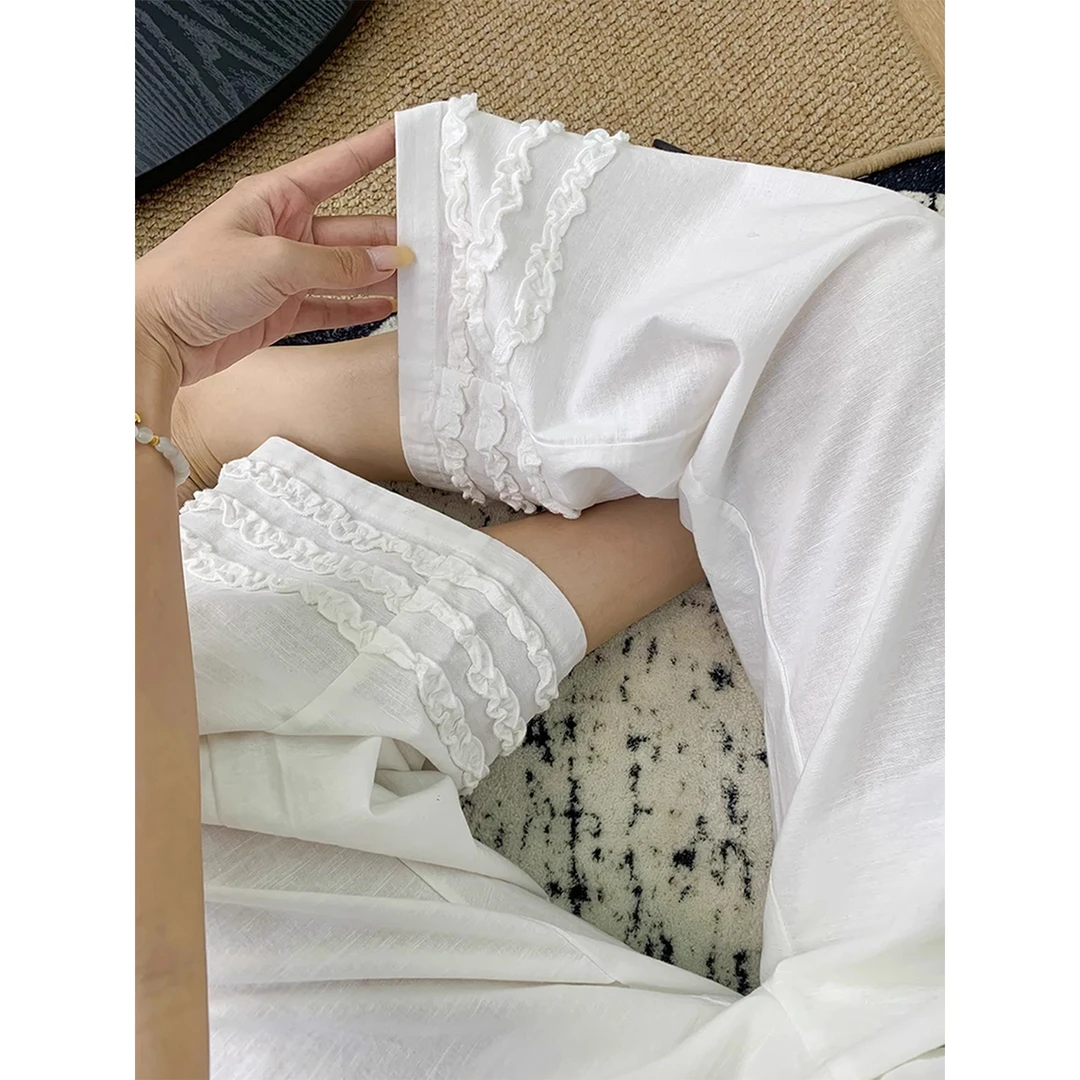 松弛感木耳花边亚麻休闲裤女夏季薄款大码松紧高腰显瘦阔腿九分裤