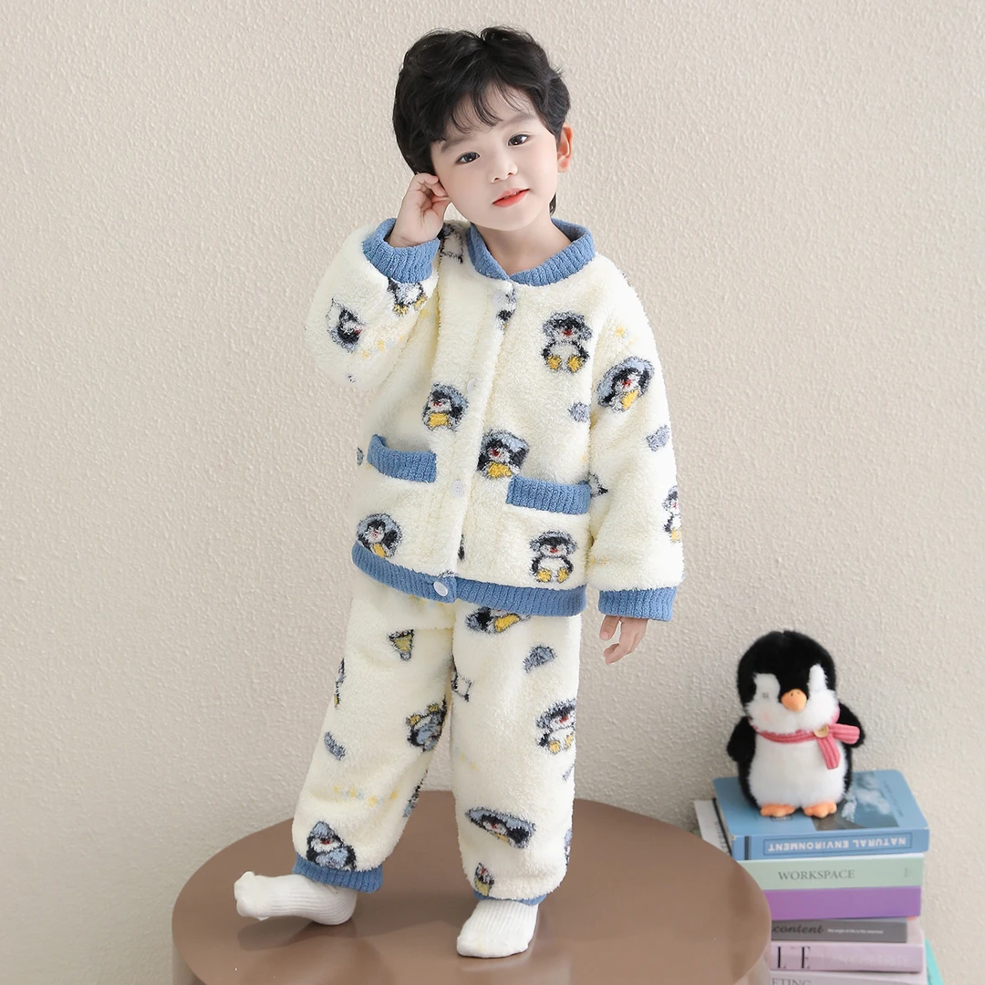 男童珊瑚绒睡衣秋冬季2025新款宝宝冬款半边绒儿童冬装家居服套装