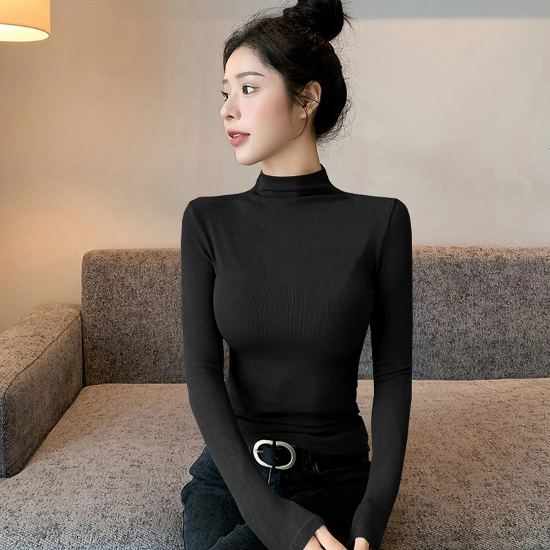 拉夏贝尔秋冬半高领螺纹棉长袖打底衫女气质修身洋气内搭紧身t恤