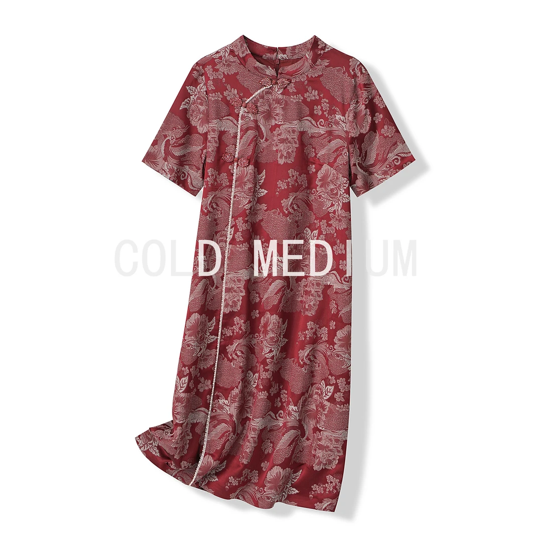 喜婆婆大码半旗袍红色显瘦新中式连衣裙A100