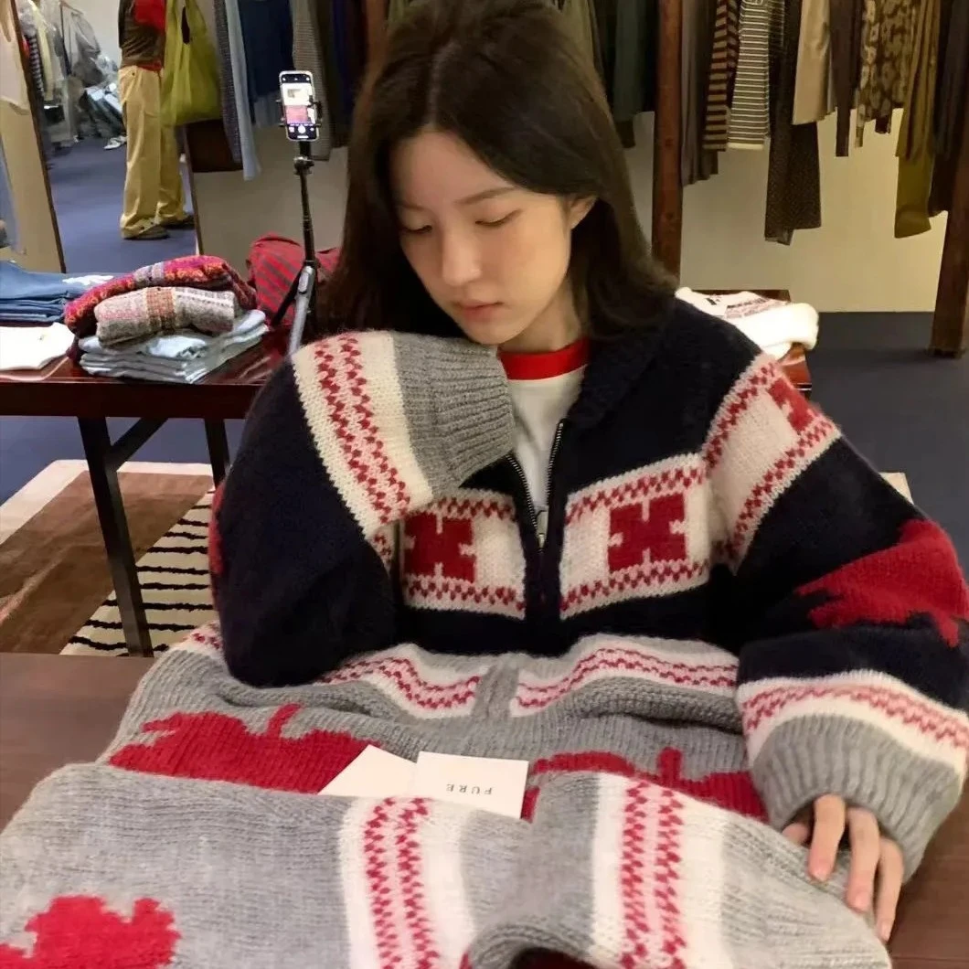 (fure芙睿)韩国代购东大门秋季款韩系ins风图案翻领针织开衫