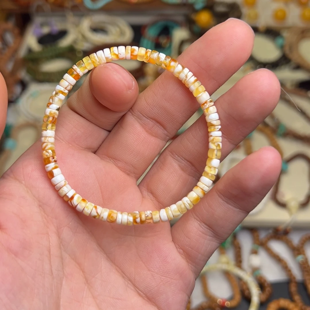 蜜蜡未镶嵌裸石金瓷白妖花药片手串