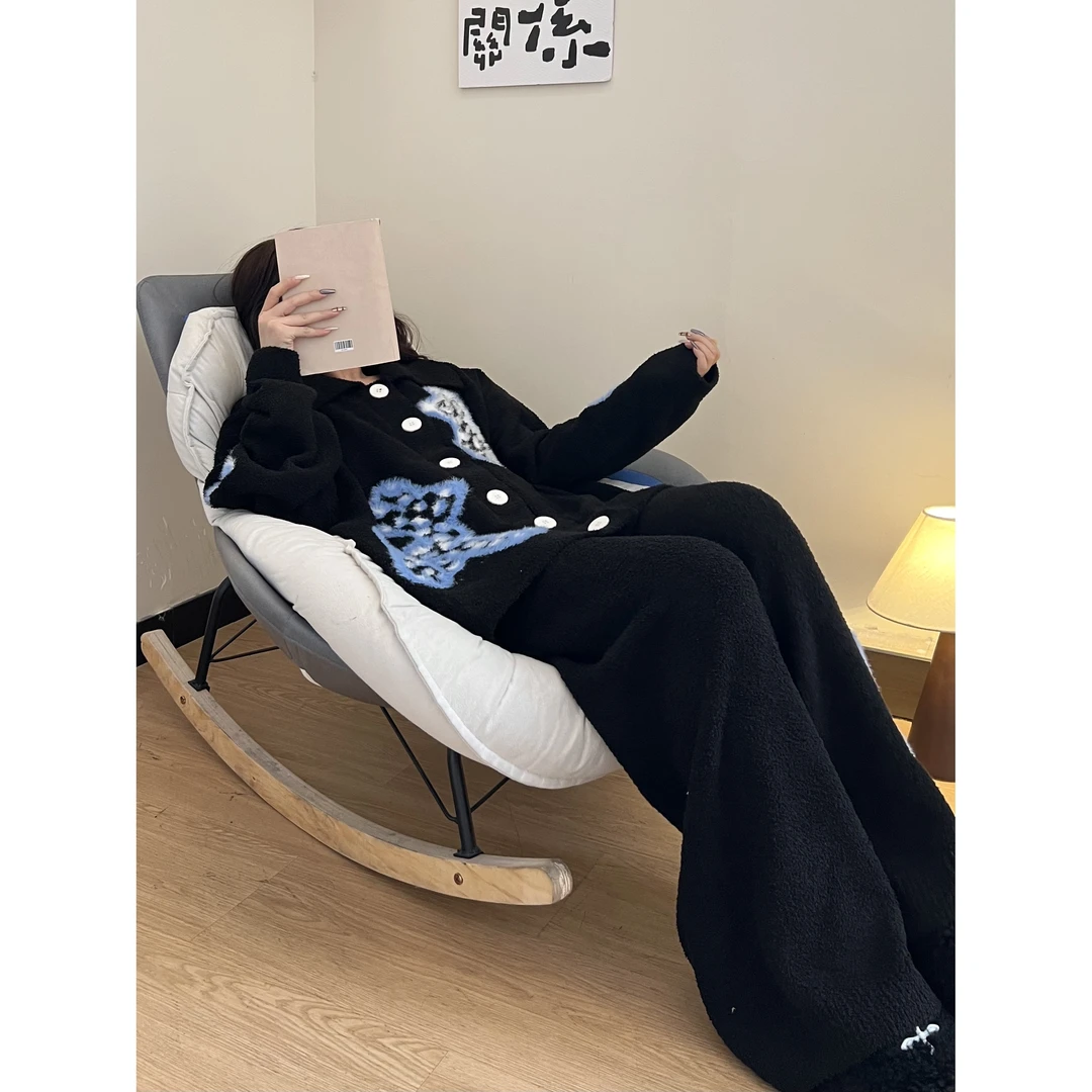 简约慵懒风卡通针织半边绒睡衣女秋冬新款加绒加厚家居服套装外穿