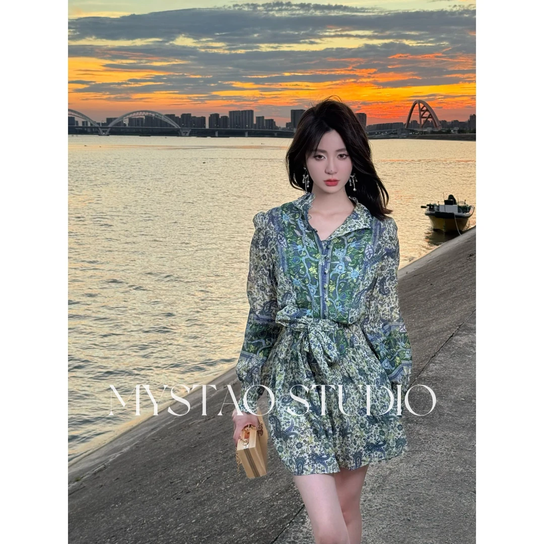 MYSTAO原创高定【蓝铃花海】古着风情苎麻印花连衣裙M53U1299