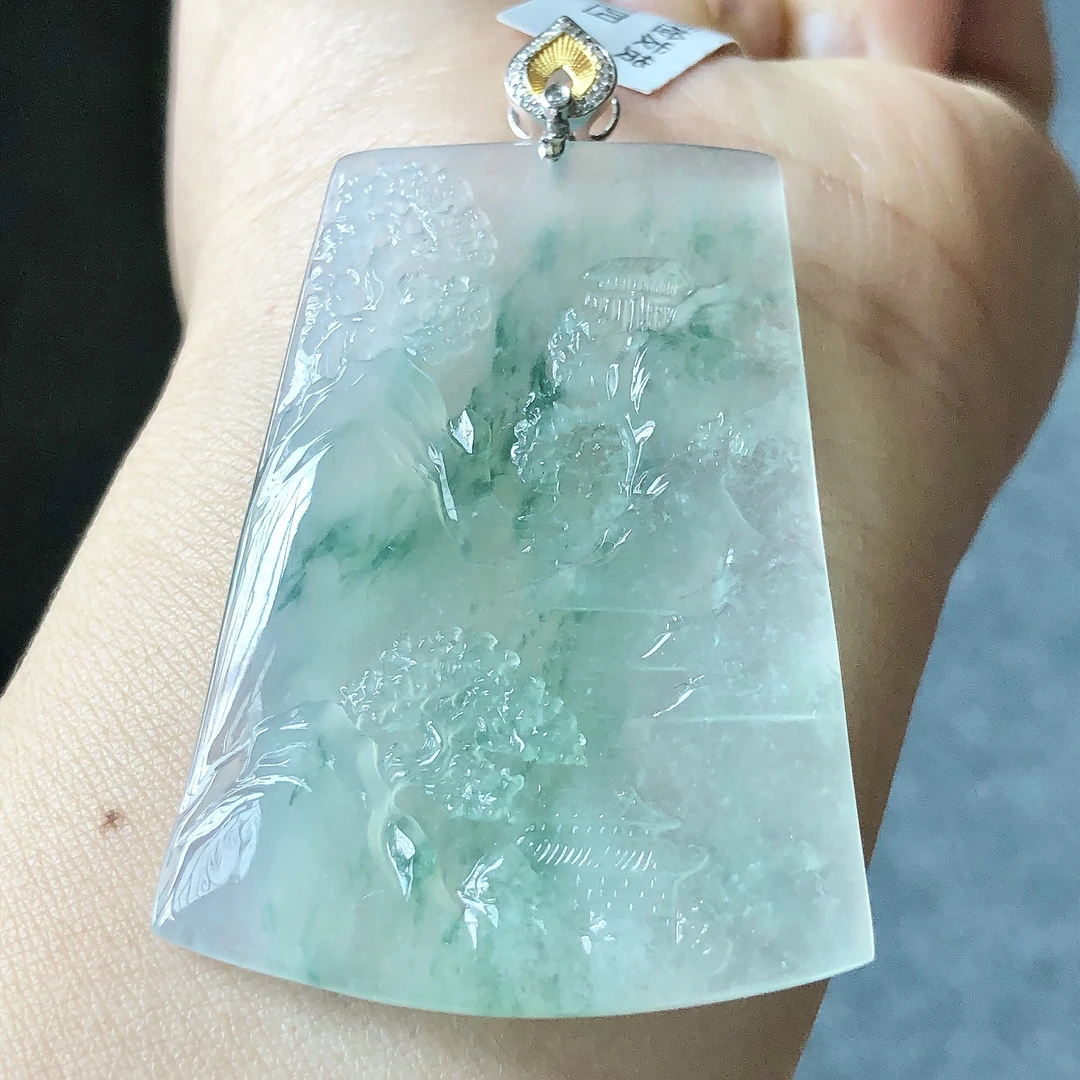 缅甸天然A货翡翠18k金镶嵌老坑冰种飘花山水牌吊坠59.4/38/6.3