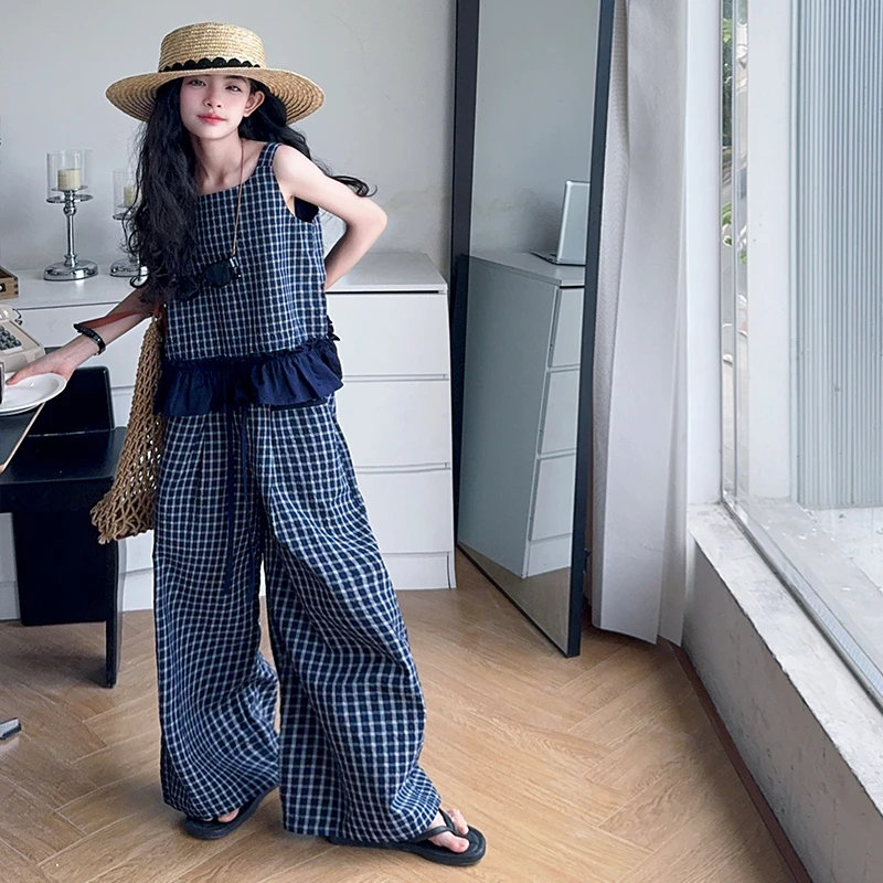 女童荷叶边拼接格子吊带套装2025夏季儿童设计感直筒阔腿裤两件套
