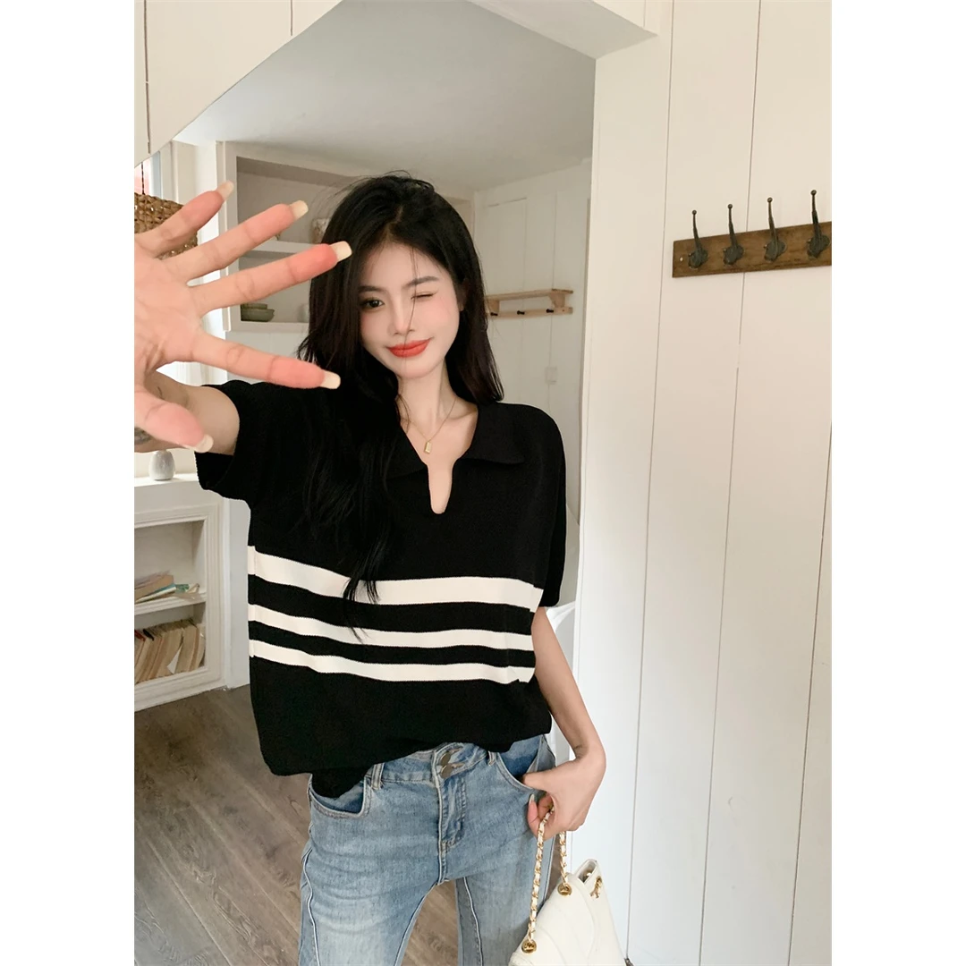【清完下架】3162polo领条纹胖mm宽松微胖针织衫遮肚子显瘦