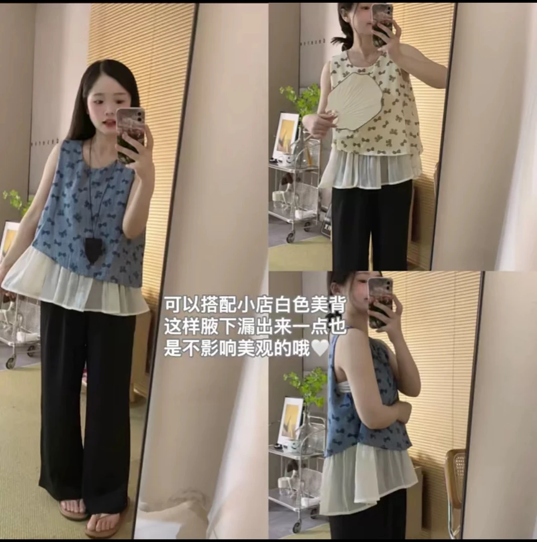 小个子拼接假两件蝴蝶结印花背心上衣