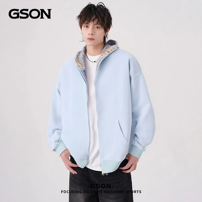 GSON纯色连帽百搭卫衣男女生春季新款情侣开衫加厚宽松休闲上衣