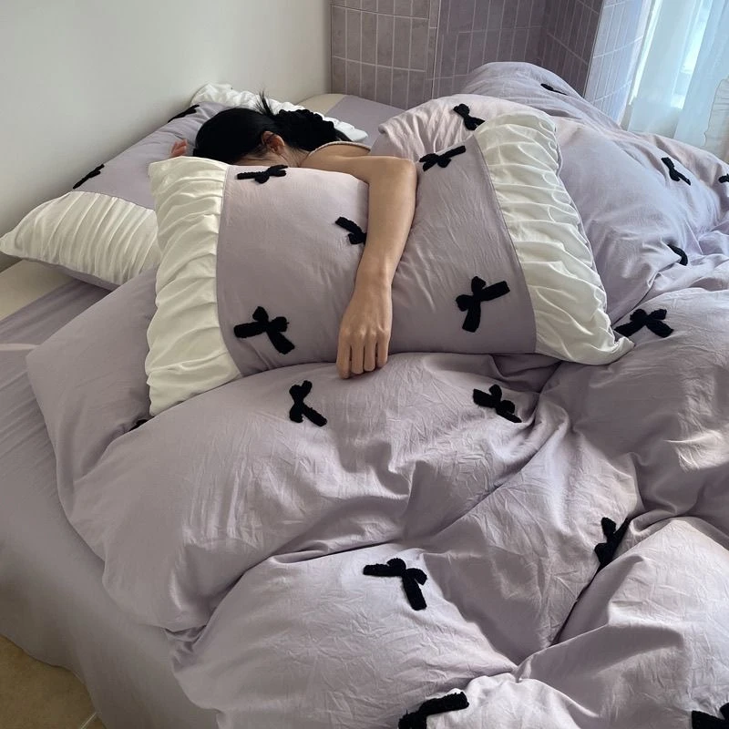 温柔紫色花边被罩四件套双人1.8床单被套公主风单人三件套非纯棉