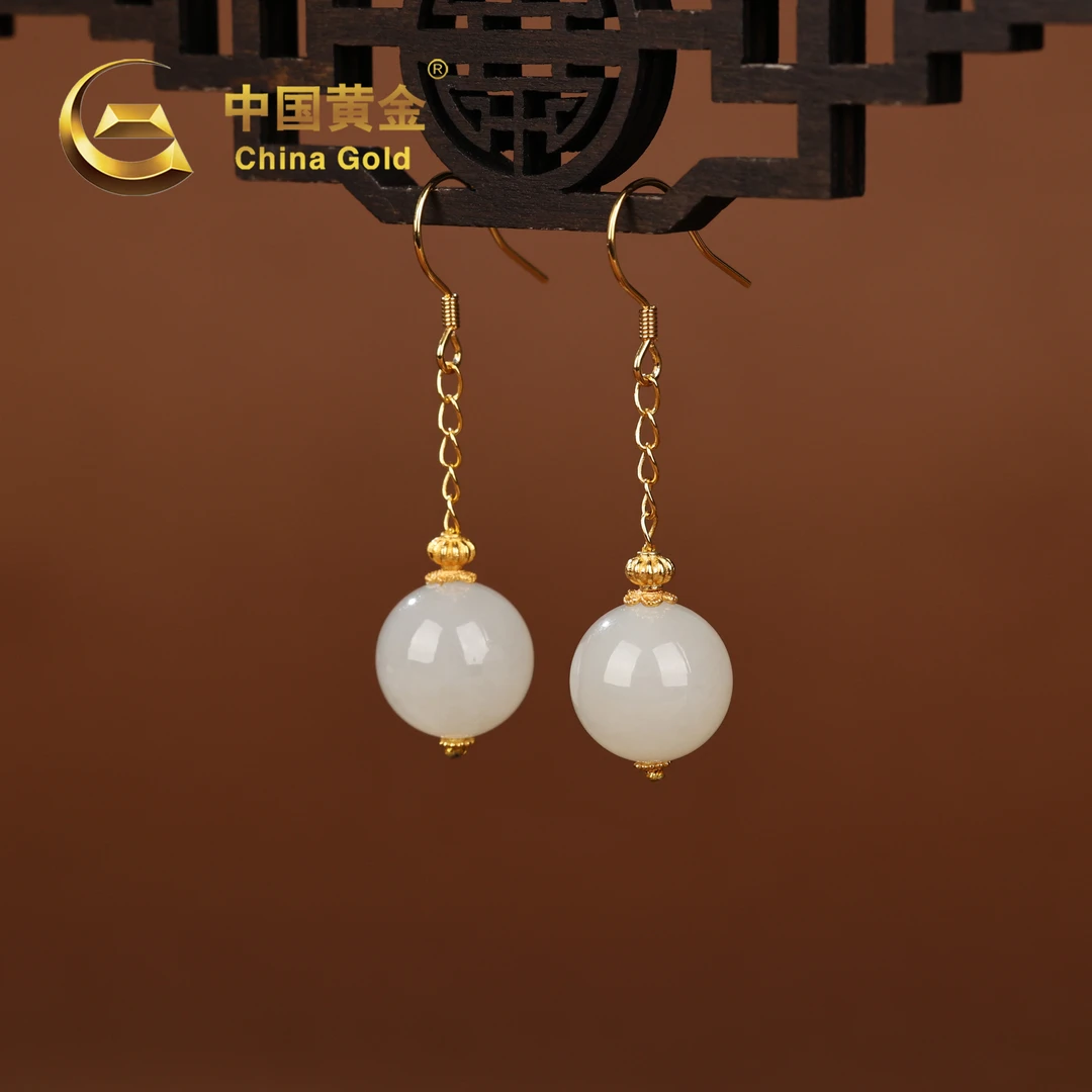 【中国黄金】S925银和田玉白玉圆珠耳钩-R1096-【北】