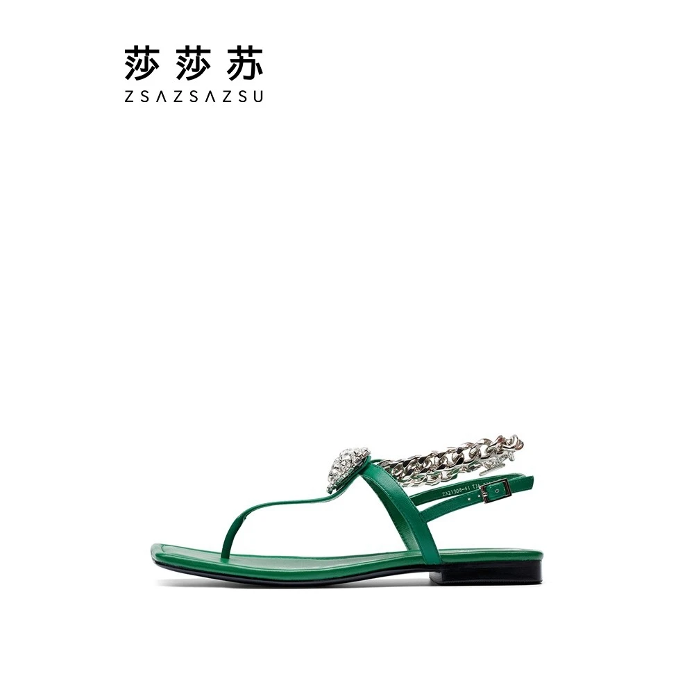 莎莎苏夏季新款时尚夹趾沙滩真皮平底凉鞋女水钻仙女风ZA21308-41