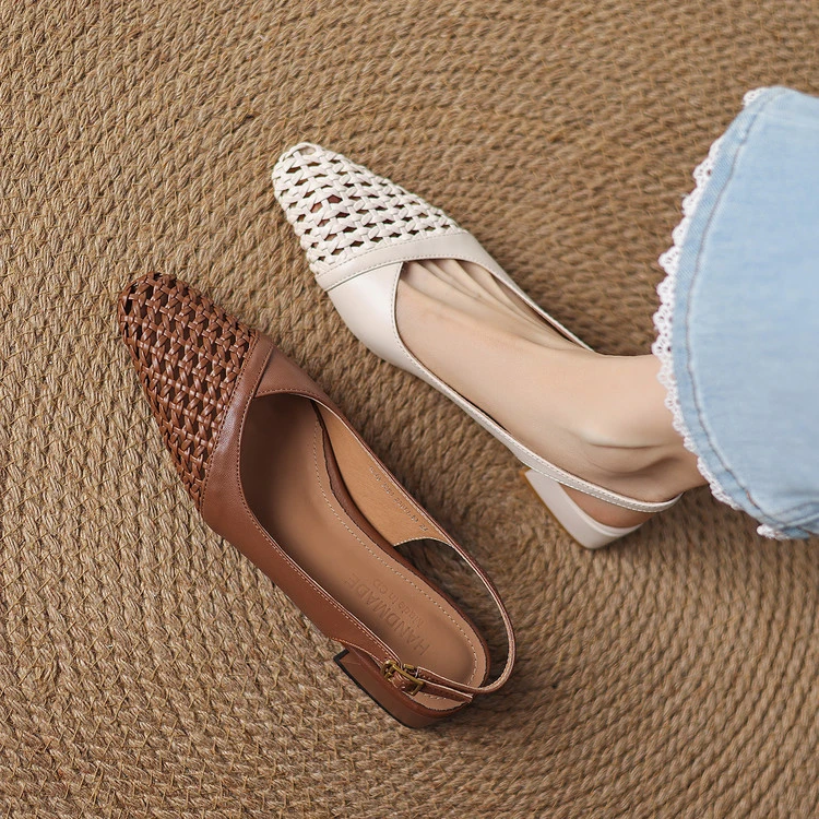 法式真皮镂空编织包头凉鞋女2025夏新款粗跟真皮时尚方头后空单鞋