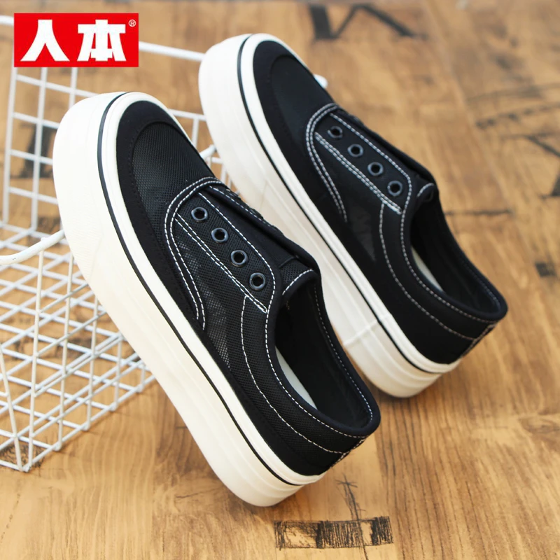 人本一脚蹬网面帆布鞋女2025夏季新款镂空透气懒人鞋厚底休闲板鞋