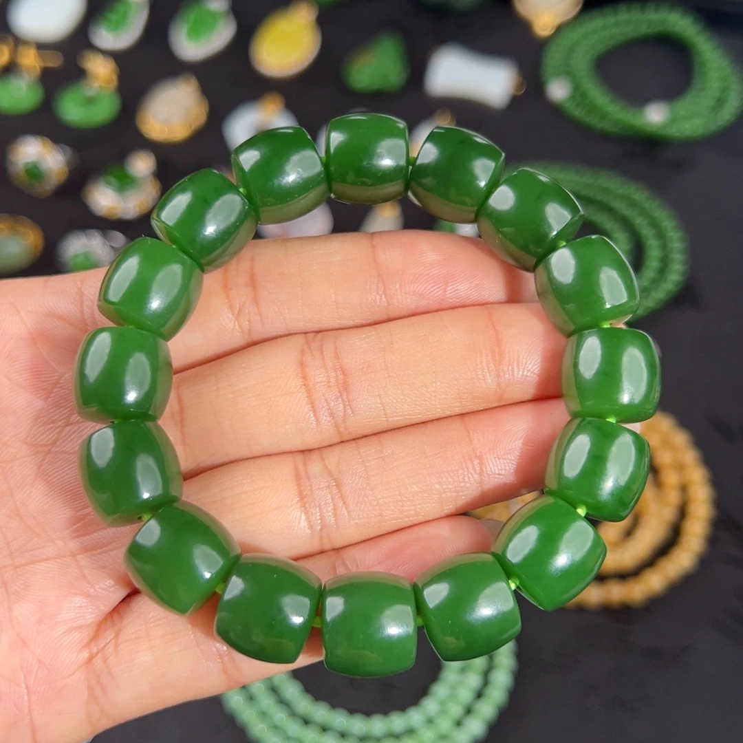 和田玉（碧玉）未镶嵌手串老俄七油艳绿12✖️13手串