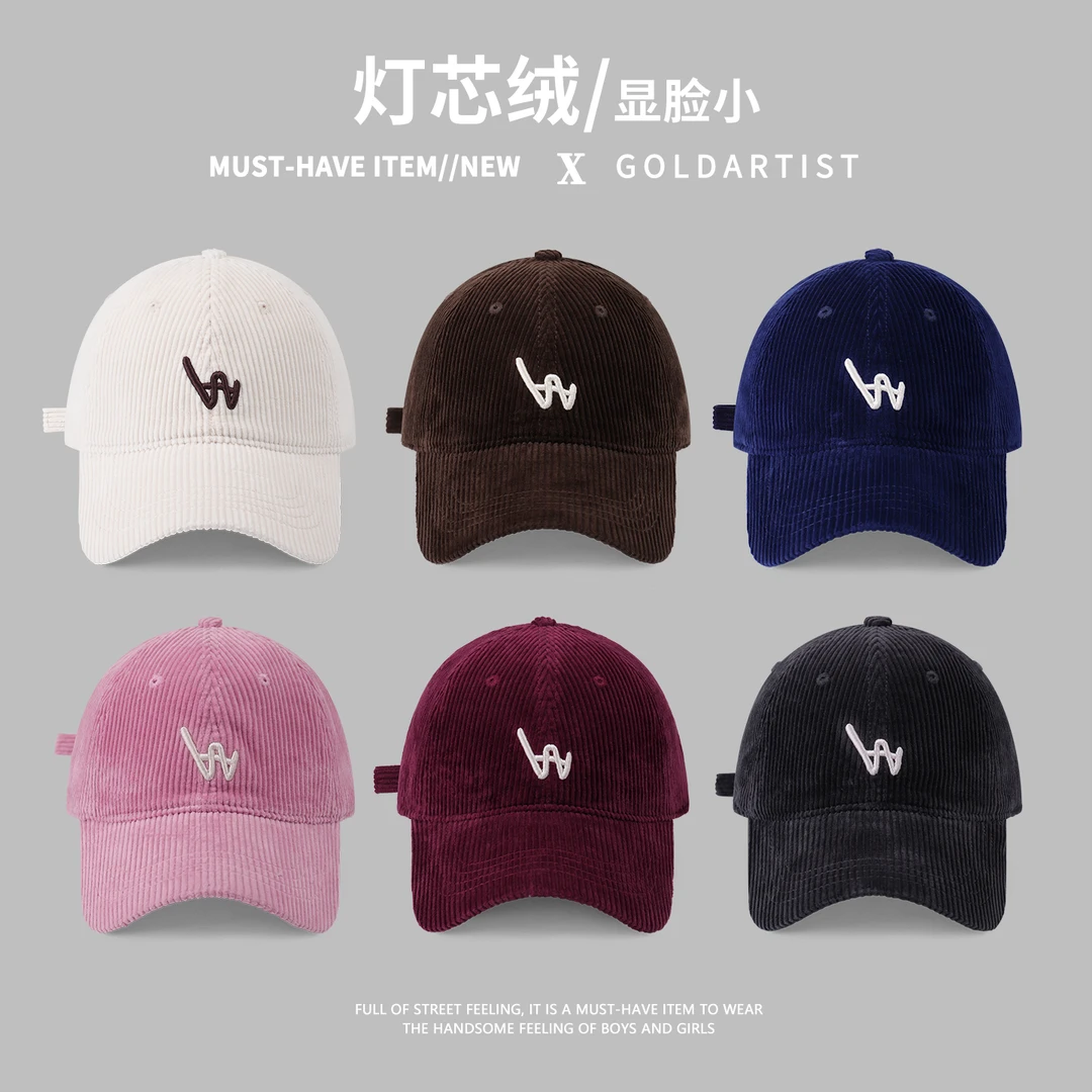 灯芯绒鸭舌帽W字母女秋冬2025新款户外棒球帽宽帽檐显脸小男帽子