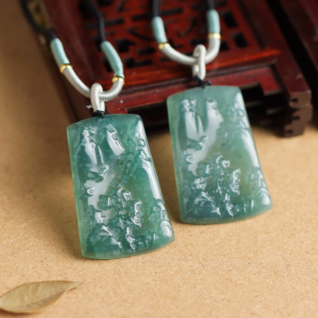 翡翠山水无事牌雕刻男女同款编绳吊坠（多样性发货 发其一）