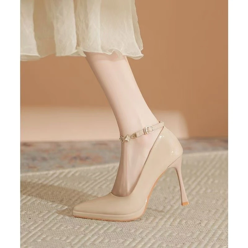 2025春季新款百搭漆皮尖头高跟鞋女优雅一字扣防水台细跟单鞋