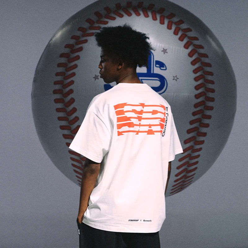 STA X RMD夏季SR垒线印花美式情侣短袖t恤男女潮牌宽松五分袖体恤