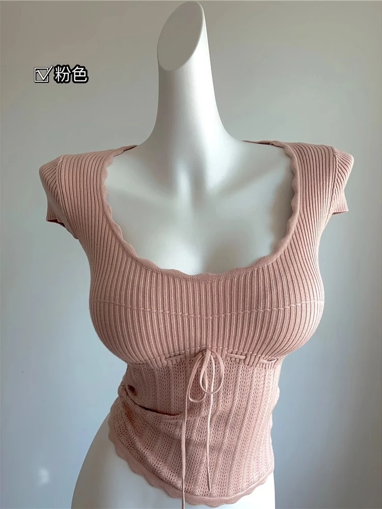 MCREAM SHO法式风情满满~敲重的针织镂空钩花上衣 显瘦修身弹力T