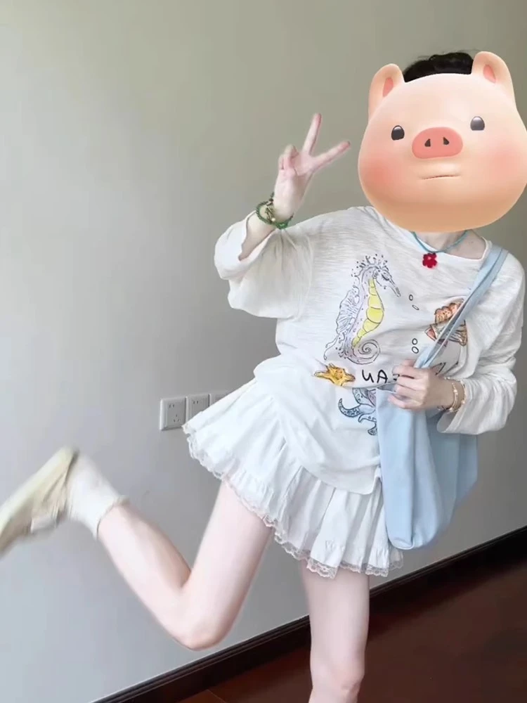 【海底世界】韩系卡通印花宽松长袖t恤罩衫女夏薄纱防晒上衣空调衫