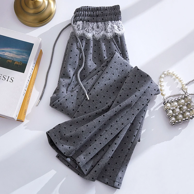 2025蕾丝拼接直筒裤抽绳松紧腰波点休闲裤早春百搭显瘦宽松长裤女