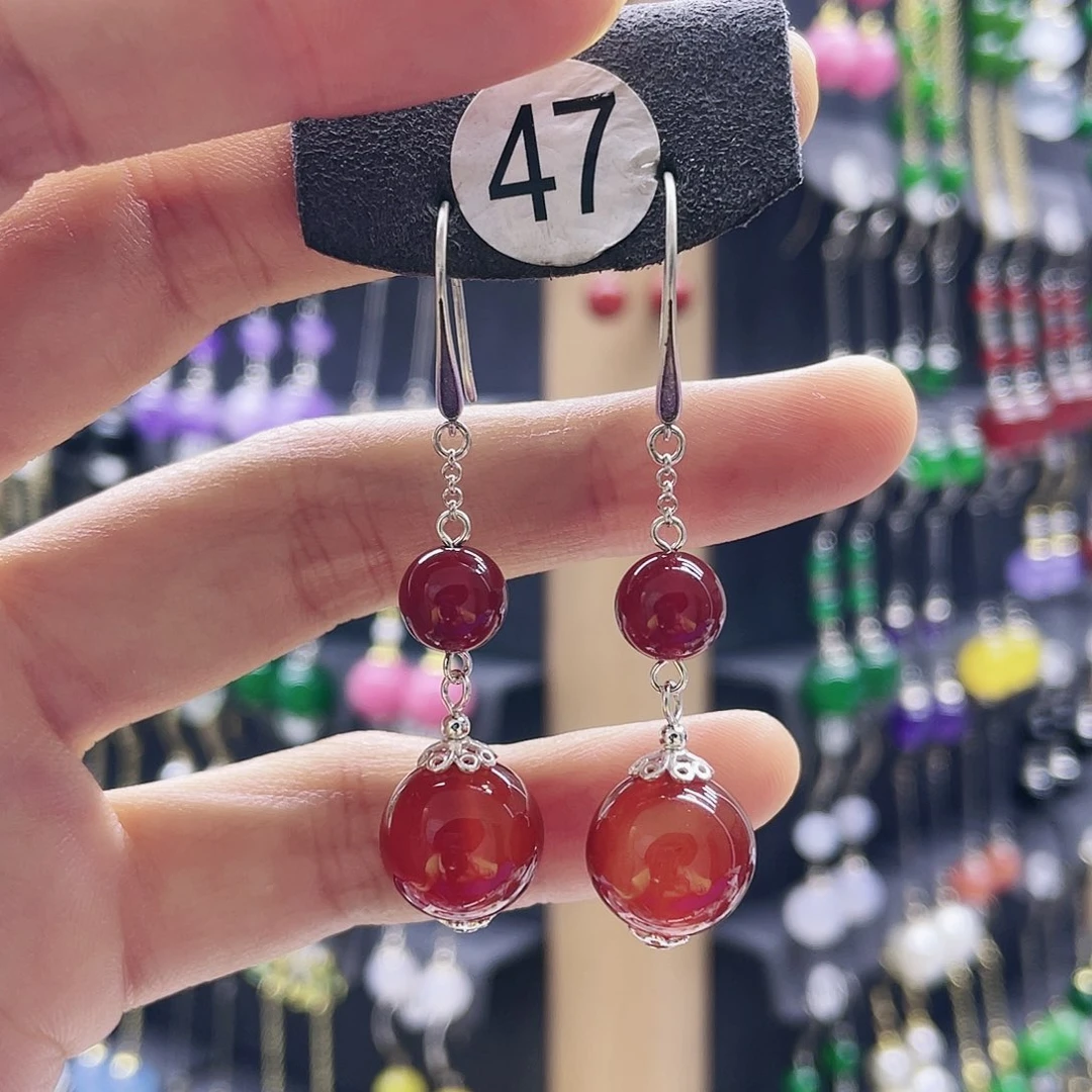 枫***叶玛瑙/玉髓银S925镶嵌耳环47号样品12mm➕8