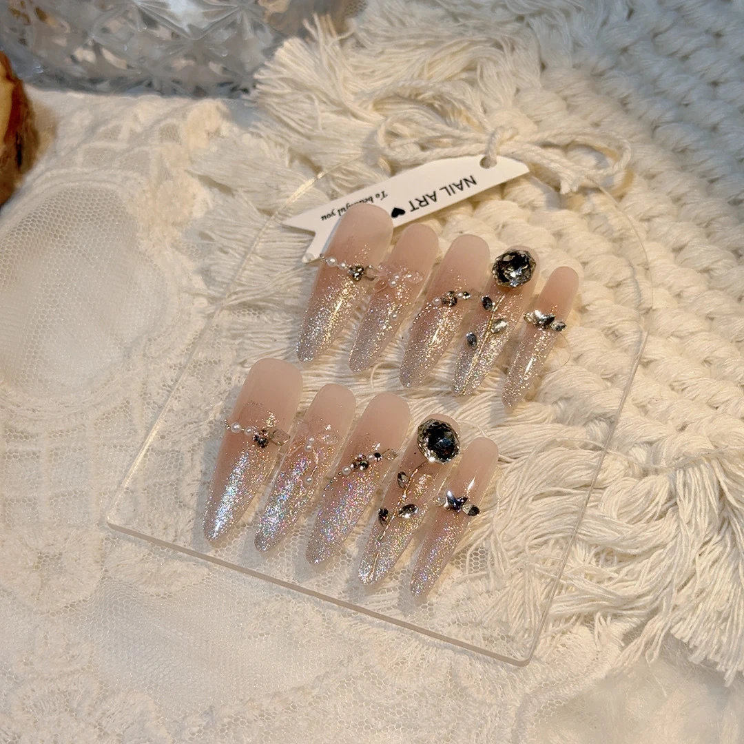 『玫瑰之约』高级精致爆闪玫瑰指甲碎钻穿戴甲美甲反复使用裸色超闪