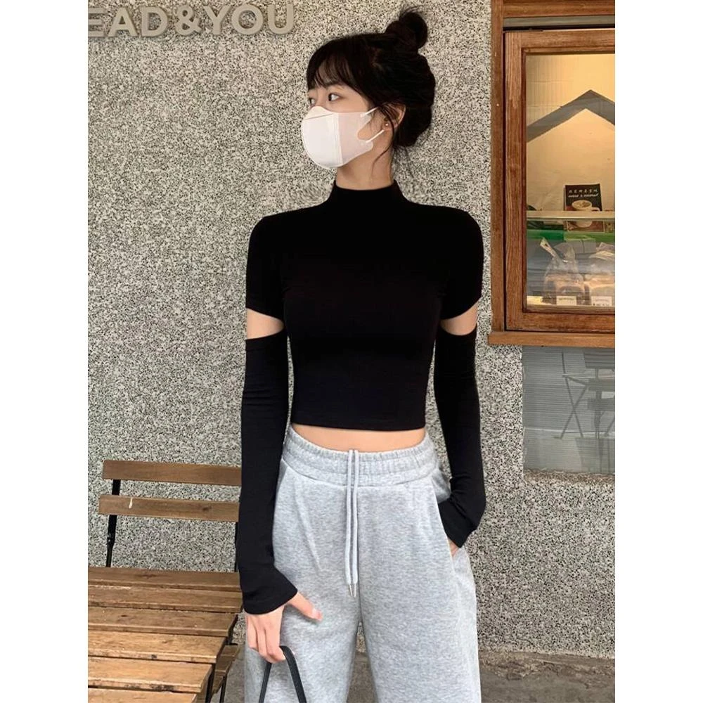 黑色紧身长袖上衣女秋冬季破洞性感加绒半高领打底衫内搭短款t恤