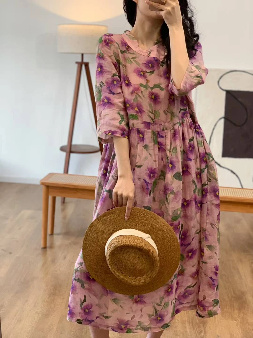 新中式斜襟五分袖100%纯苎麻中长款连衣裙夏季数码印花气质过膝裙