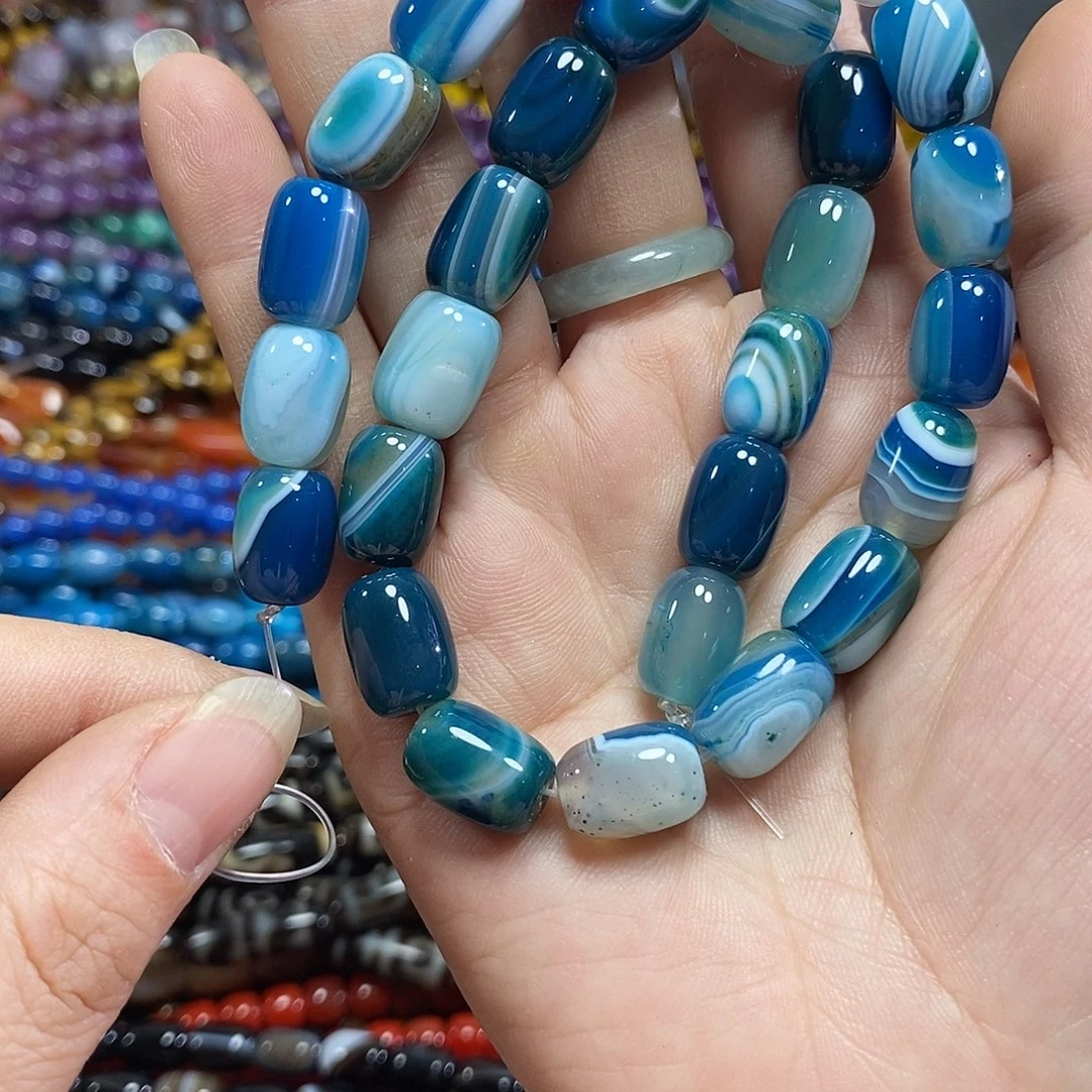 玛瑙/玉髓未镶嵌珠宝半成品蓝玛瑙桶珠一条卡10*14mm