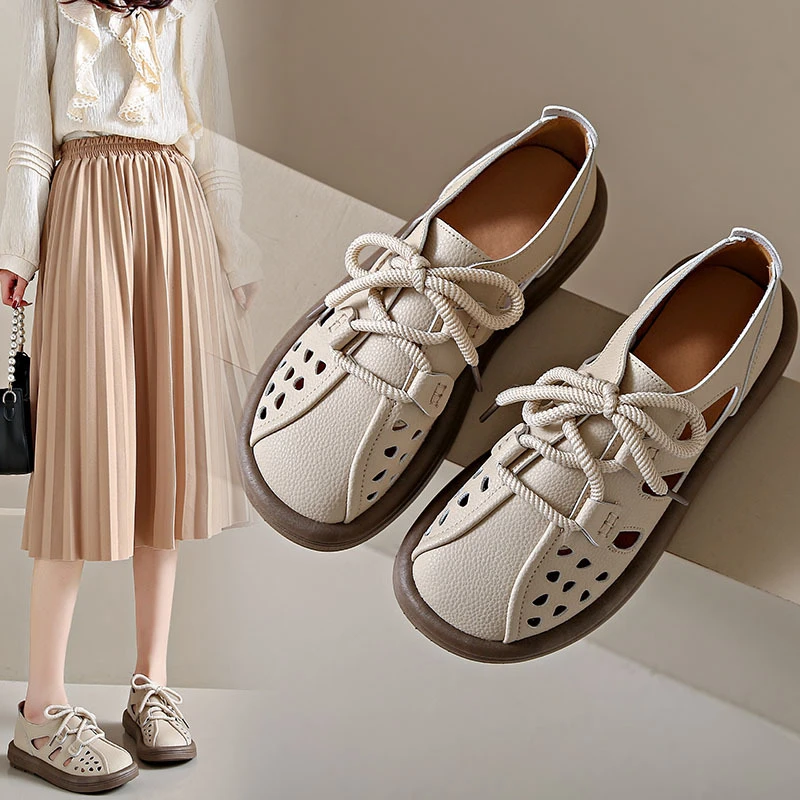 罗马单鞋女新款夏季爆款镂空透气单鞋厚底复古休闲包头洞洞鞋