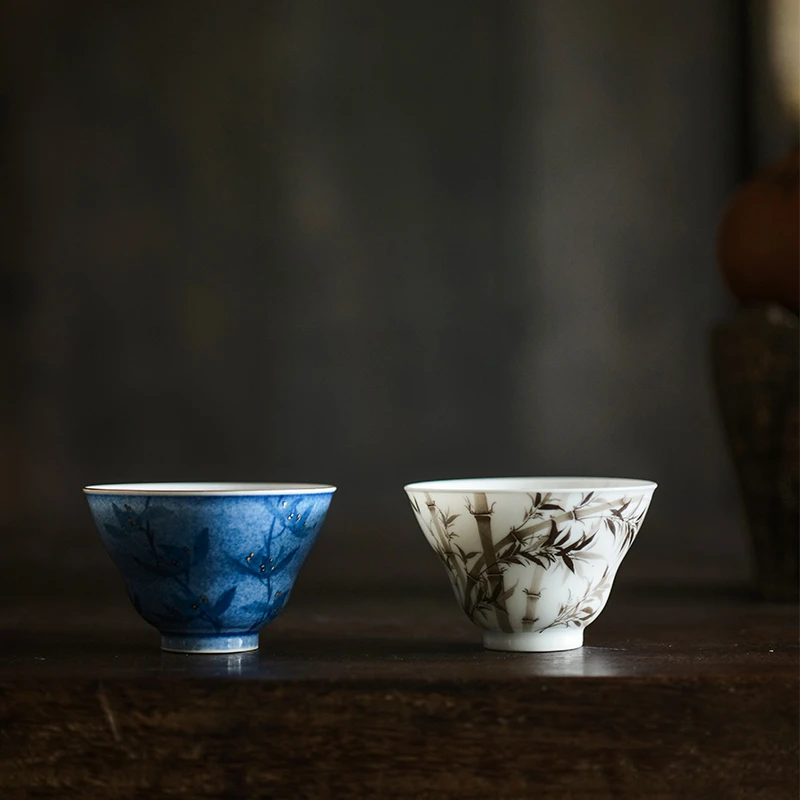 弥云斋陶瓷主人杯 手绘洒金兰竹对杯套组 复古茶具 景德镇茶器斋